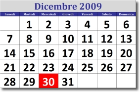 calendario di dicembre 2009 con la data del 30 evidenziata in rosso