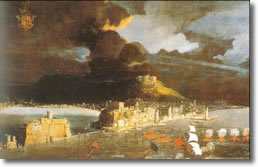 antica stampa raffigurante un castello circondato dal mare con sullo sfondo un vulcano in eruzione 
