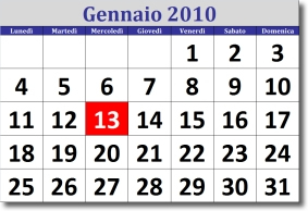 calendario di gennaio 2010 con la data del 13 evidenziata in rosso
