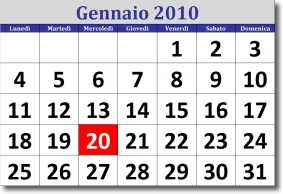 calendario di gennaio 2010 con la data del 20 evidenziata in rosso