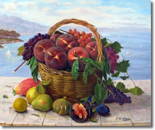 una delle opera dell'artista raffigurante una cesta di pesche e frutta con sullo sfondo il mare