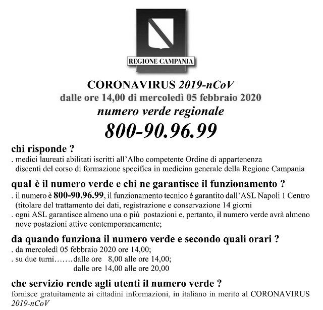 Coronavirus: numero verde regionale 800-90.96.99