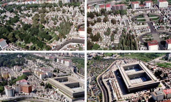Un collage di foto aeree dei cimiteri cittadini