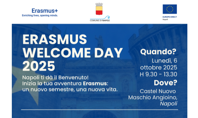 immagine con scritta Erasmus Welcome Day con logo comune di napoli e europe direct