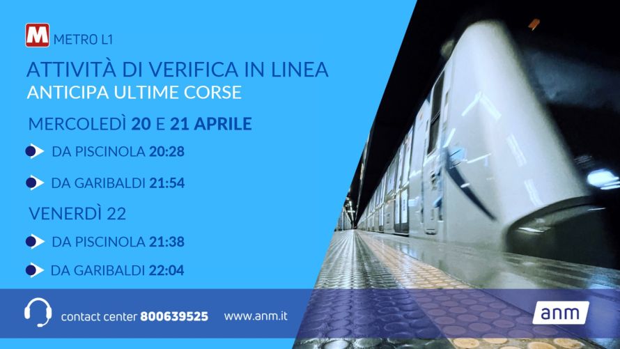 Metro Linea 1: 20, 21 e 22 aprile 2022 anticipa ultime corse per verifiche in linea