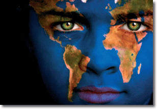 Close-up on the face of a boy painted as planet earth