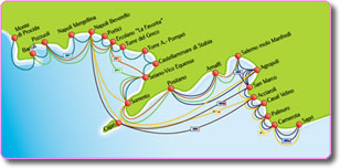 cartina dei golfi di napoli e di salerno con varie linee del metrò del mare