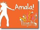 immagine di una figura che danza su sfondo arancione con il logo della festa di piedigrotta e la scritta "amala!"