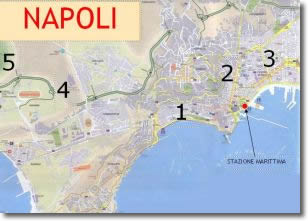 pianta di Napoli con le cinque zone della città ove sono ubicate le strutture alberghiere ed extra alberghiere presso le quali è possibile richiedere ospitalità