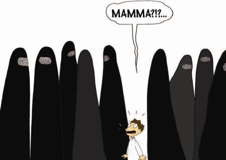 vignetta con un bambino al centro di un gruppo di donne col burka che, con sguardo interrogativo, chiede chi sia la sua mamma