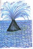 disegno dell'artista lello esposito raffigurante un vulcano in mezzo al mare mentre erutta dell'acqua