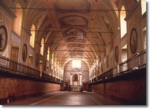 large corridor with a richly painted voulted ceiling and lateral windows