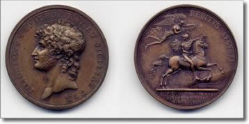 medaglia con profilo di Murat e lo stesso Murat a cavallo incoronato dalla vittoria