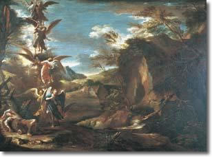 quadro di s. rosa raffigurante angeli in un paesaggio spettrale