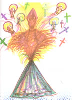 disegno dell'artista lello esposito raffigurante un vulcano dal quale fuoriesce un'immagine di un santo con altri santi e croci che lo contornano