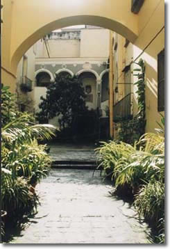 path encircled by plants and surmounted by a masonry arch