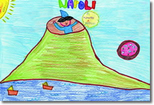 disegno infantile di un vesuvio con un pulcinella e la scritta napoli