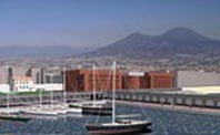 immagine digitalizzata di un porto con barche a vela e sullo sfondo il vesuvio di Napoli
