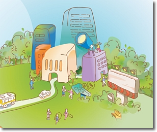 disegno di palazzi immersi in un parco