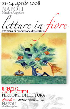 disegno di un albero con alcuni libri tra le foglie. due uomini seduti leggono ed una donna tenta di prendere un libro dai rami. letture in fiore