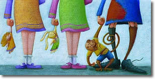 disegno di tre bambine, di cui sono visibili solo le gambe, che tengono per mano una bambolina, un coniglietto e una scimmietta