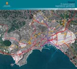 carta delle trasformazioni urbane previste dal nuovo Prg, inquadrata nell'area metropolitana ripresa dal satellite