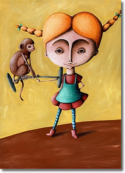 disegno di una bambina dai capelli rossi e le trecce che tiene una scimmia su un braccio
