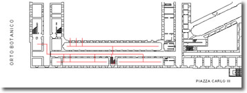 piantina topografica che illustra il percorso di visita del livello 1 dell'albergo dei poveri