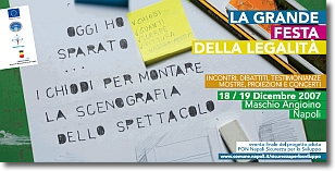 manifesto dell'iniziativa con la frase:"oggi ho sparato...i chiodi per montare la scenografia dello spettacolo"