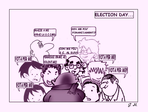 Immagine ironica di candidati che fanno propaganda