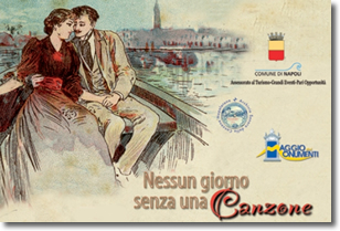 disegno di due innamorati su una barca con sullo sfondo la città di Napoli