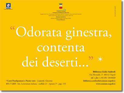 testo bianco su giallo, che riporta la citazione, "Odorata ginestra, contenta dei deserti...", e i riferimenti relativi alla fonte e alla biblioteca