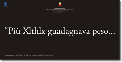 testo bianco su nero, che riporta la citazione, "Piu' Xlthlx guadagnava peso...", e i riferimenti relativi alla fonte e alla biblioteca