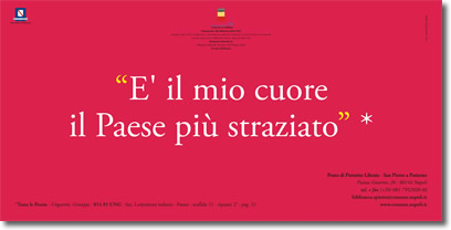 testo bianco su rosso, che riporta la citazione, "E' il mio cuore il Paese piu' straziato", e i riferimenti relativi alla fonte e alla biblioteca