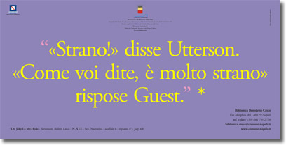 testo giallo su viola, che riporta la citazione, "'Strano!' disse Utterson. 'Come voi dite, è molto strano' risposte Guest.", e i riferimenti relativi alla fonte e alla biblioteca