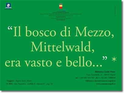 testo verde chiaro su verde scuro, che riporta la citazione, "Il bosco di Mezzo, Mittelwald, era vasto e bello...", e i riferimenti relativi alla fonte e alla biblioteca
