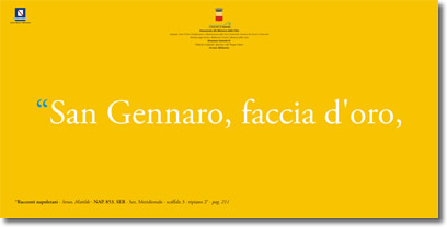 testo bianco su giallo, che riporta la citazione, "San Gennaro, faccia d'oro,...", e i riferimenti relativi alla fonte e alla biblioteca
