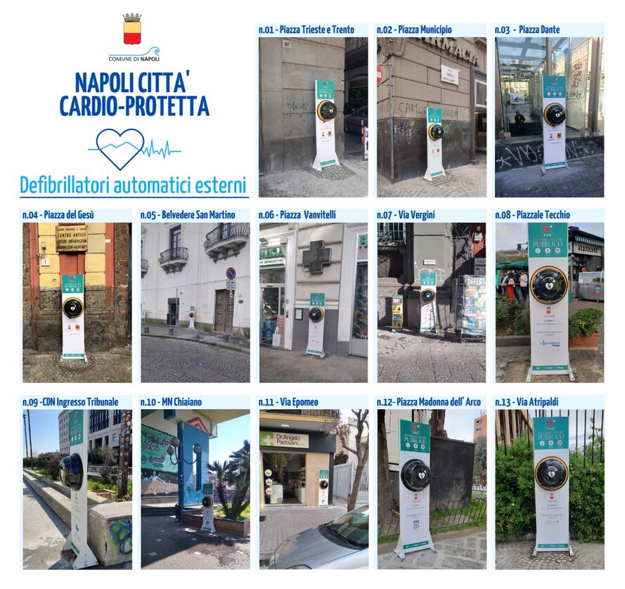 Un collage di foto con tutti i defibrillatori installati a Napoli