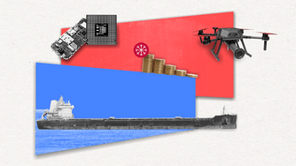 immagini di una petroliera, un drone, soldi e un circuito elettronico